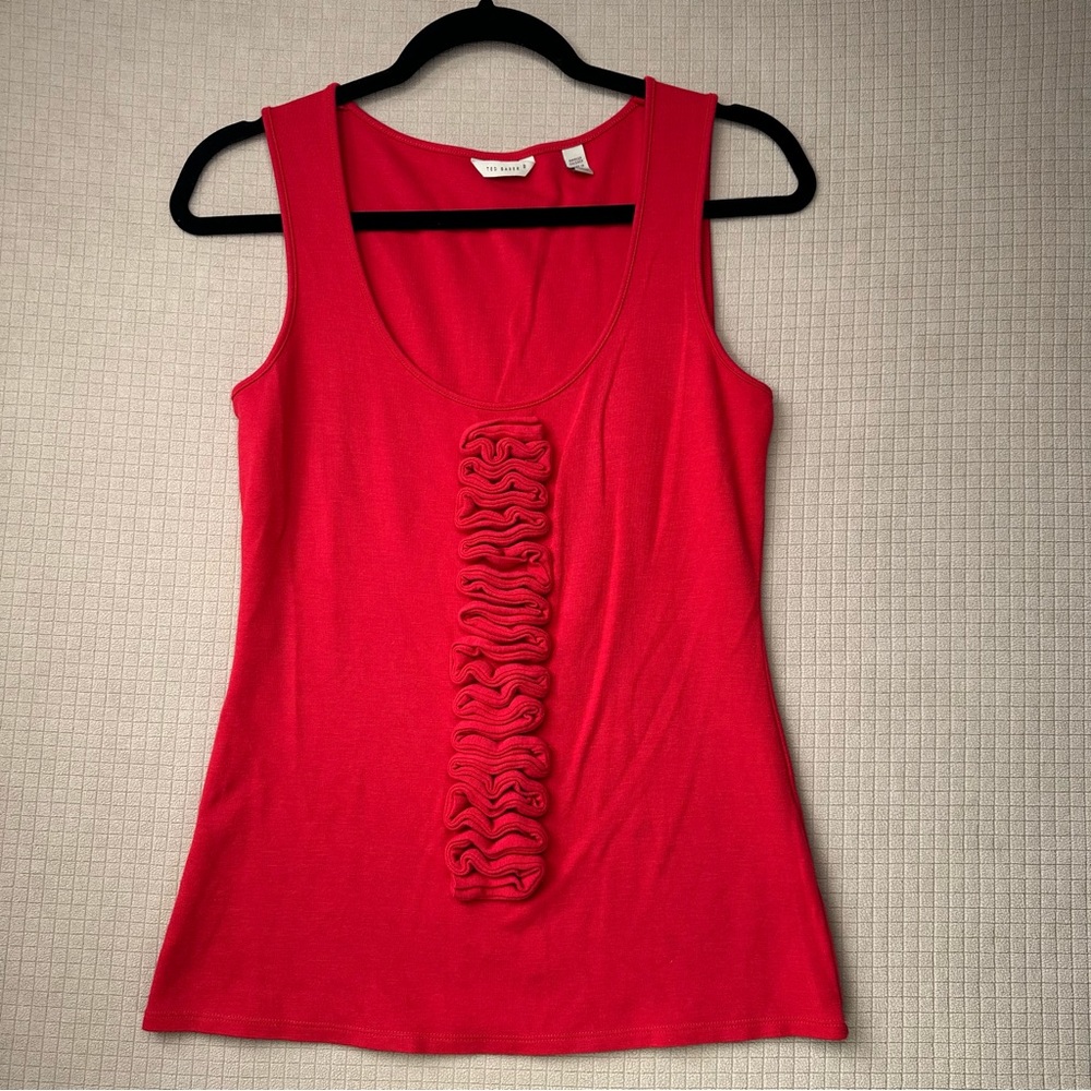 TED BAKER London Y2K Ruffle Sleeveless Blouse Size 2 Red Stretch Scoop Neck